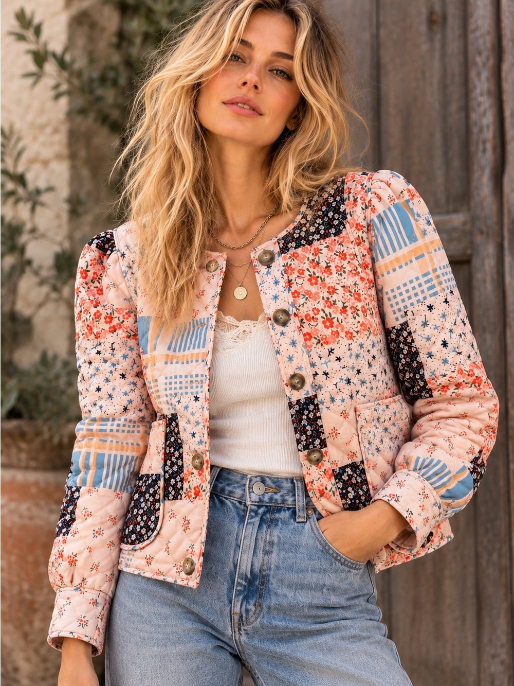 Pink Ripple Quilted Patchwork Floral Jacket Small Cottagecore Boho